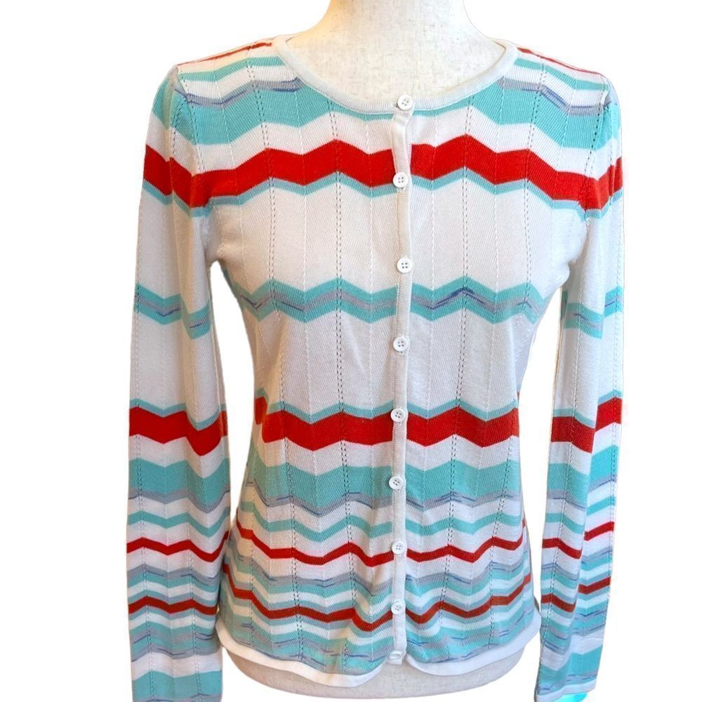 Saks Fifth Avenue Black Label Chevron Spring Lightweight Knit Cardigan Sweater